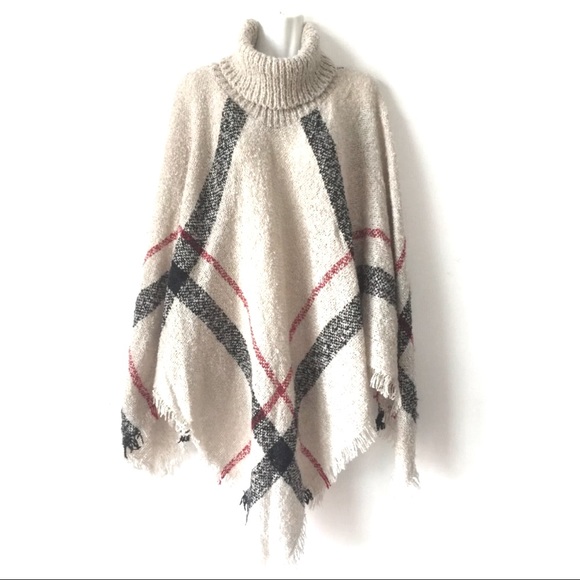 BOHO Plaid Turtleneck Sweater Poncho - Picture 7 of 7